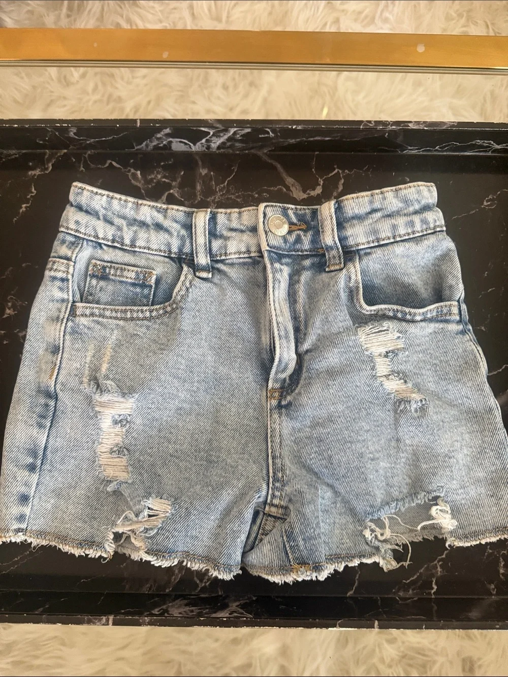 Justice Light Blue Distressed Denim Jean Shorts with custom rhinestones
